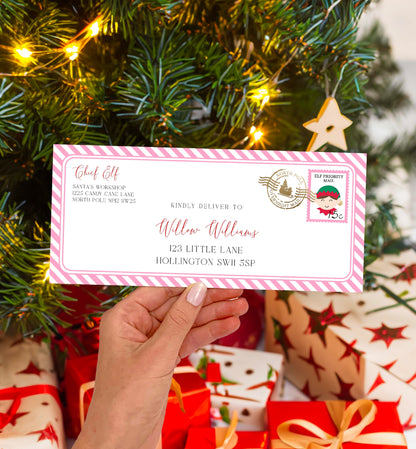 Printable Elf Mail Envelope Template, Christmas Letter From Santa's Workshop Envelope, Christmas Eve Box Letter, Santa Letter, Pink Stripe