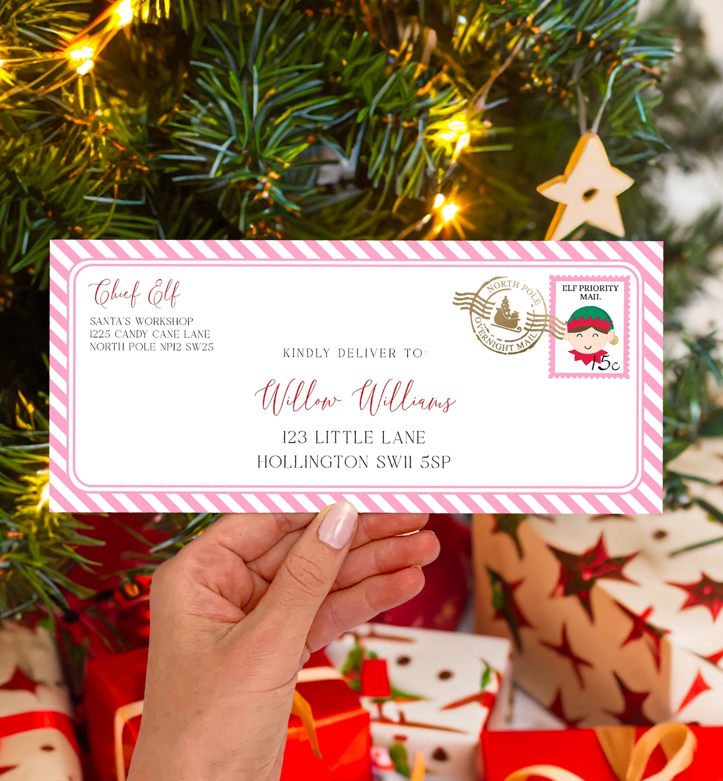 Printable Elf Mail Envelope Template, Christmas Letter From Santa's Workshop Envelope, Christmas Eve Box Letter, Santa Letter, Pink Stripe