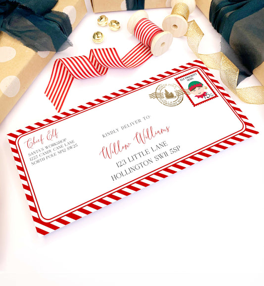 Printable Elf Mail Envelope Template, Christmas Letter From Santa's Workshop Envelope, Christmas Eve Box Letter, Santa Letter, Red Stripe