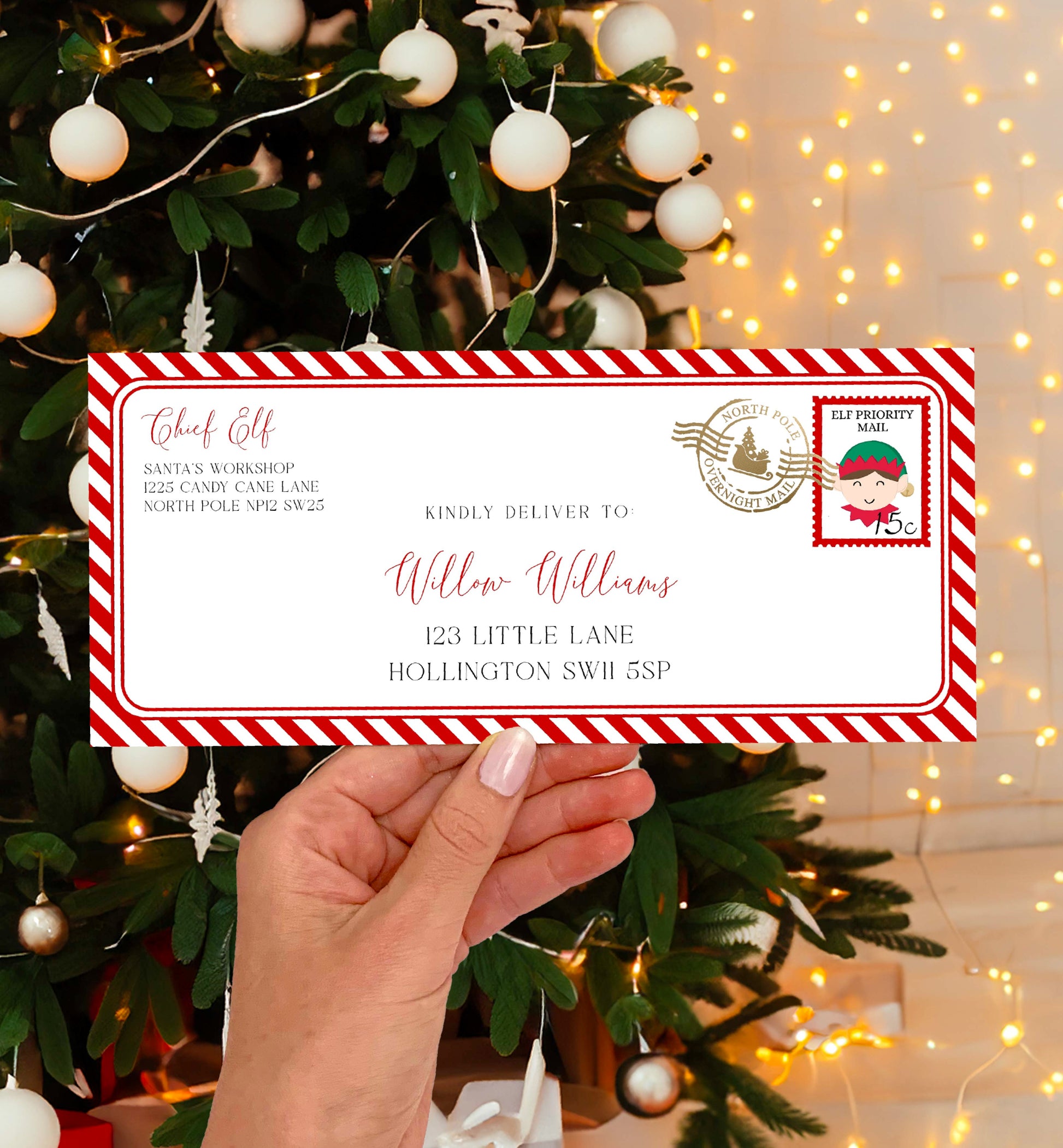 Printable Elf Mail Envelope Template, Christmas Letter From Santa's Workshop Envelope, Christmas Eve Box Letter, Santa Letter, Red Stripe