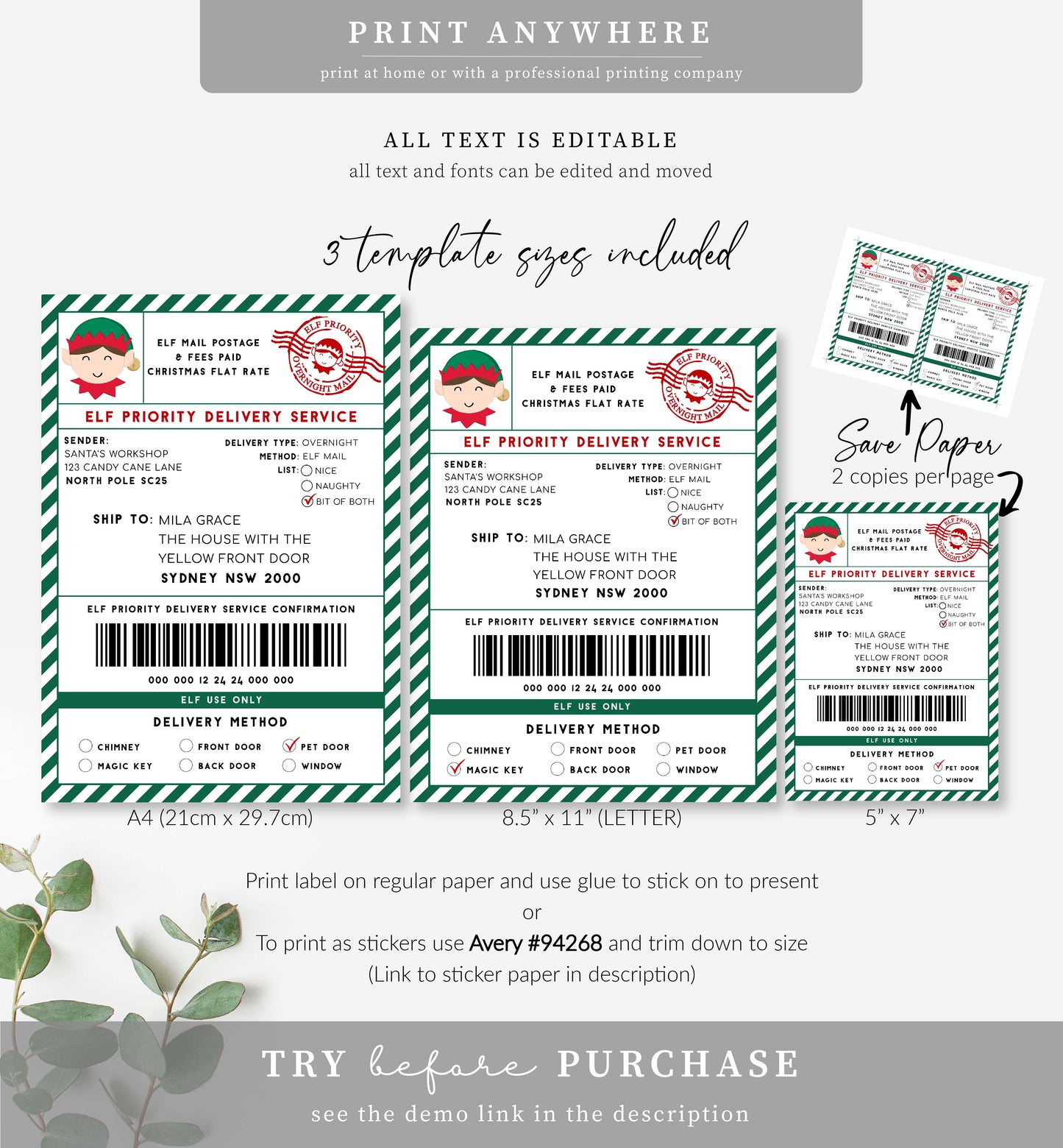 Santa's Workshop Green | Printable Elf Christmas Shipping Label Template