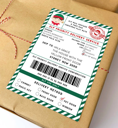 Printable Elf Mail Shipping Label Sticker, North Pole Mail Gift Tag, Santas Workshop Christmas Special Delivery Shipping Label, Gift Tag, Elf Delivery Stamp, Elf Arrival Label