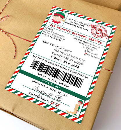 Printable Elf Mail Shipping Label Sticker, North Pole Mail Gift Tag, Santas Workshop Christmas Special Delivery Shipping Label, Gift Tag, Elf Delivery Stamp, Elf Arrival Label