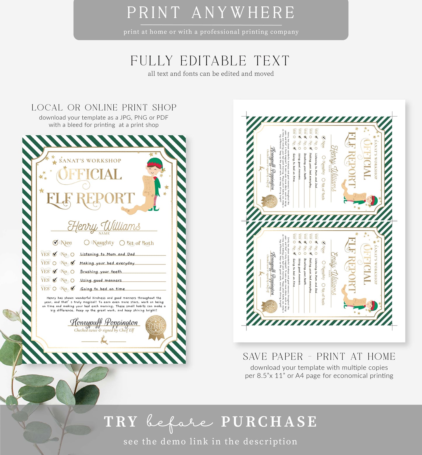 Santa's Workshop Green | Printable Christmas Elf Report Card Template