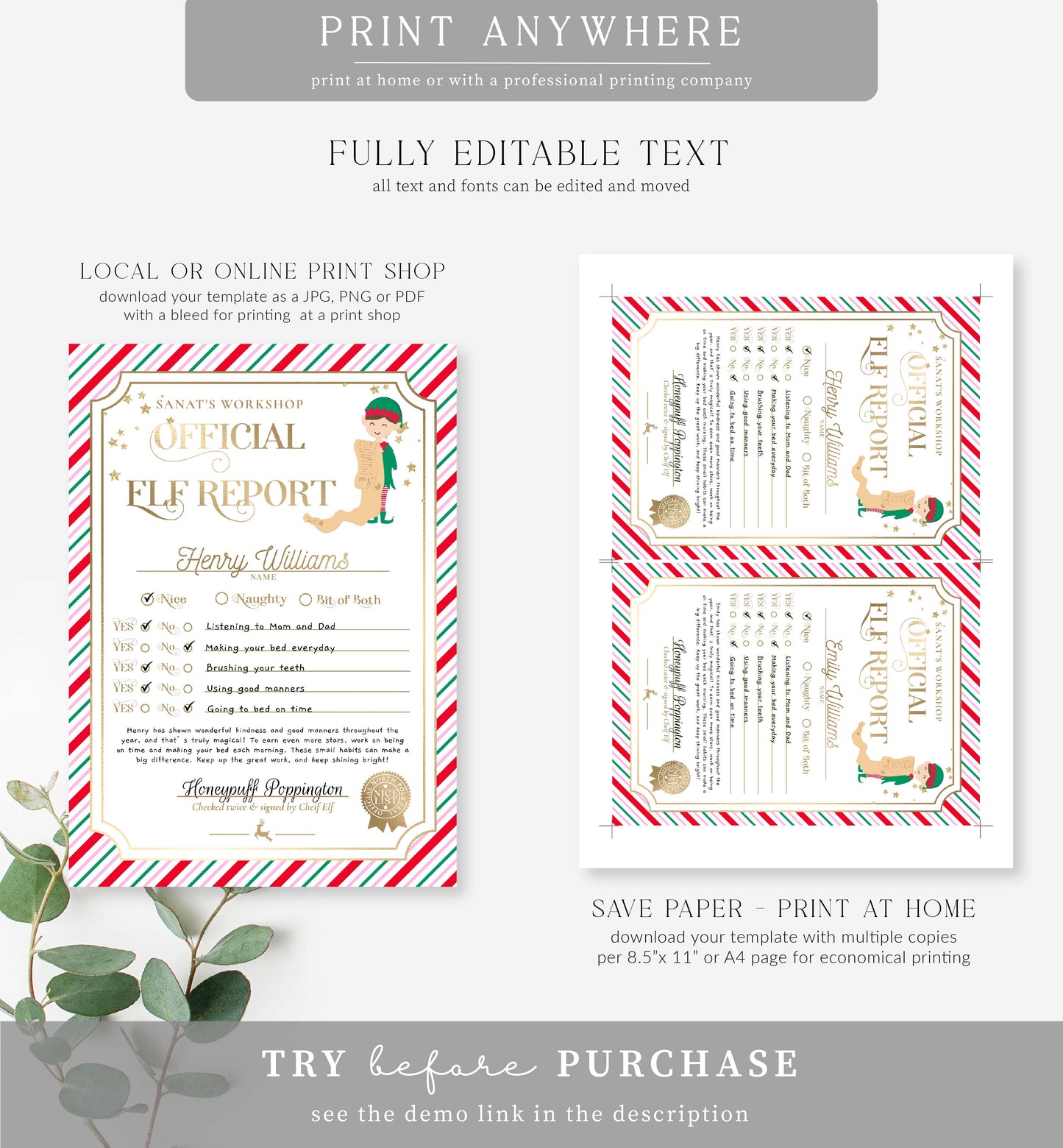 Santa's Workshop Pink Multi | Printable Christmas Elf Report Card Template