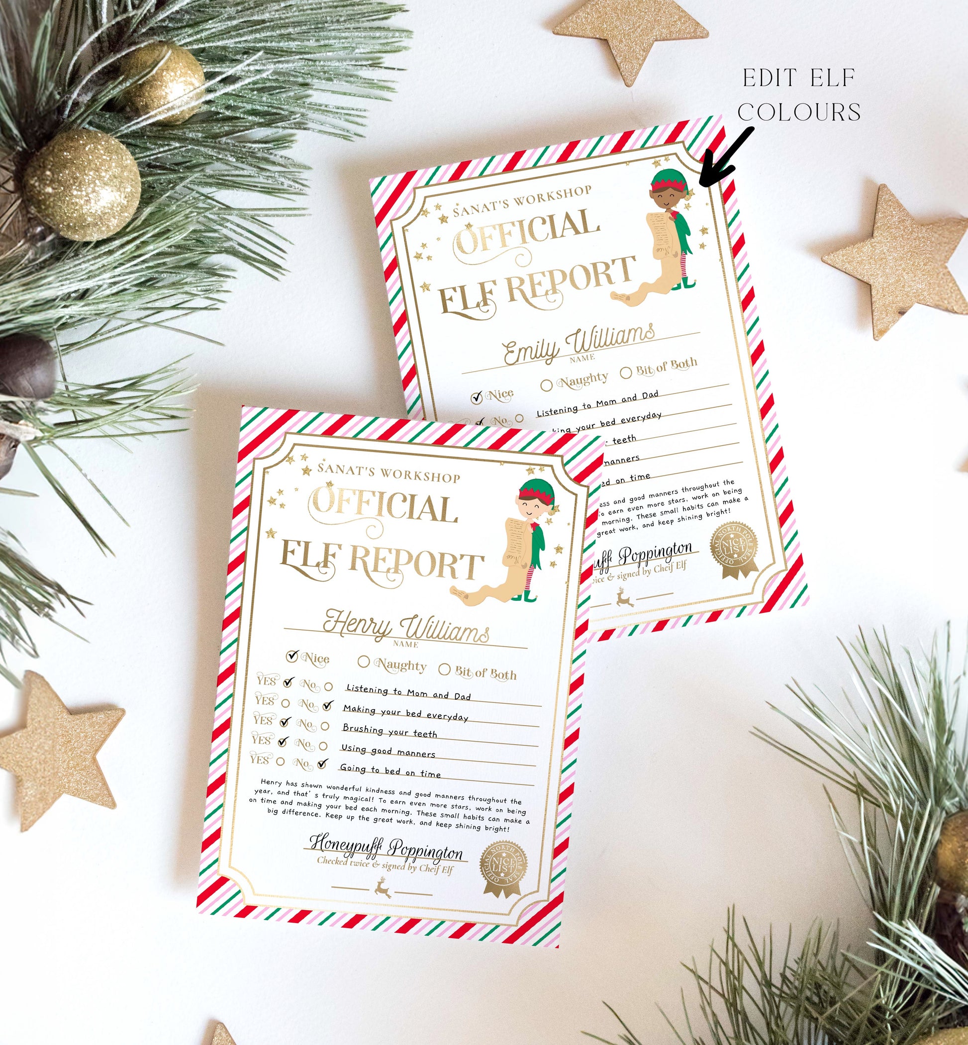 Printable Elf Report Card Template, North Pole Elf Mail Report Letter, Santa's Workshop Christmas Elf Arrival Box, Stripe