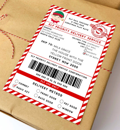 Printable Elf Arrival Box Shipping Label Sticker, North Pole Elf Mail Gift Tag, Santas Workshop Christmas Special Delivery Shipping Label, Elf Activities