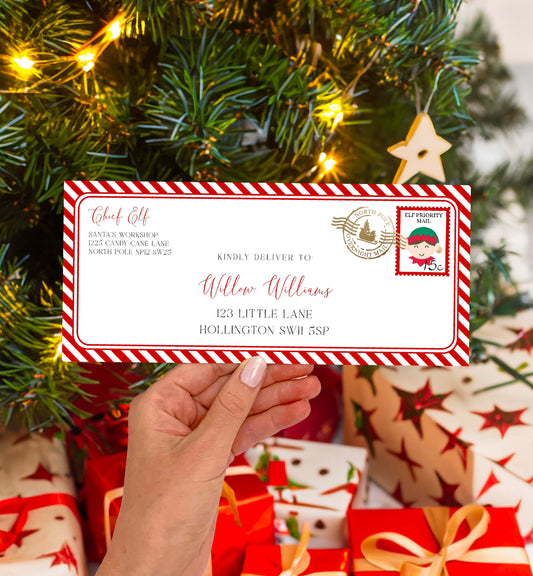 Printable Elf Mail Envelope Template, Christmas Letter From Santa's Workshop Envelope, Christmas Eve Box Letter, Santa Letter, Red Stripe