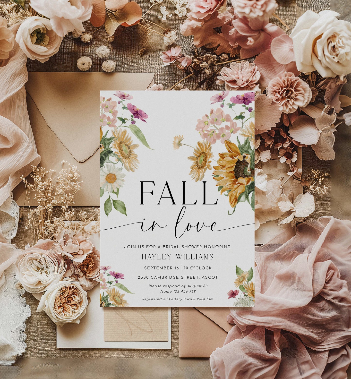 Printable Fall In Love Sunflower Bridal Shower Invitation, Fall Floral Bridal Shower Invitation, Autumn Floral Hens Party Invite, Mews