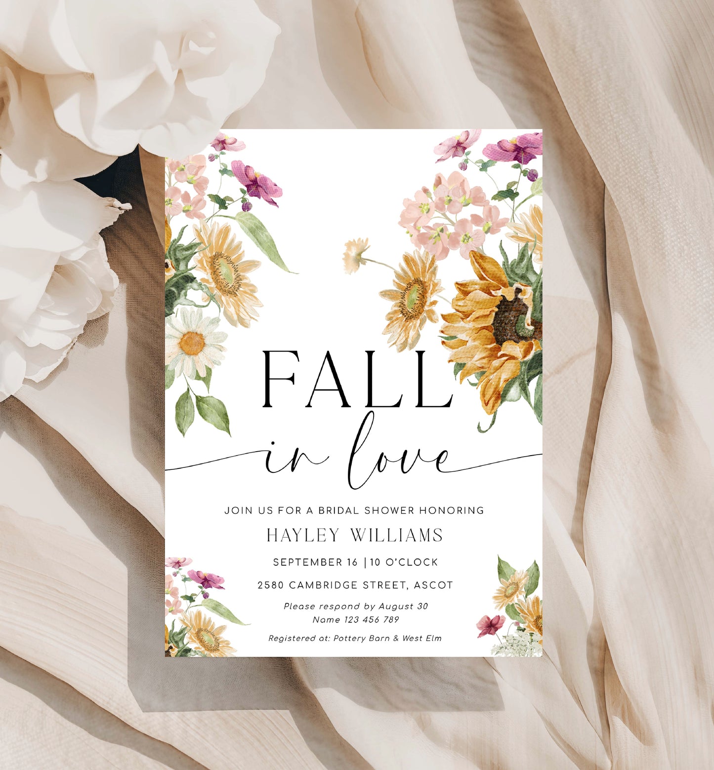 Printable Fall In Love Sunflower Bridal Shower Invitation, Fall Floral Bridal Shower Invitation, Autumn Floral Hens Party Invite, Mews