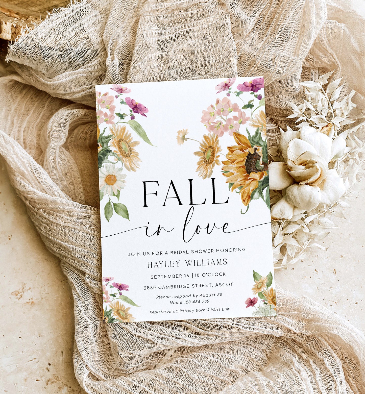 Printable Fall In Love Sunflower Bridal Shower Invitation, Fall Floral Bridal Shower Invitation, Autumn Floral Hens Party Invite, Mews