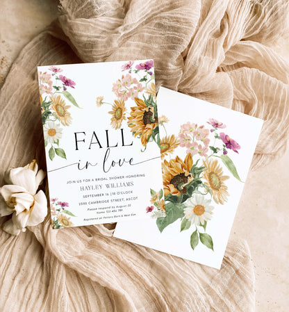 Printable Fall In Love Sunflower Bridal Shower Invitation, Fall Floral Bridal Shower Invitation, Autumn Floral Hens Party Invite, Mews