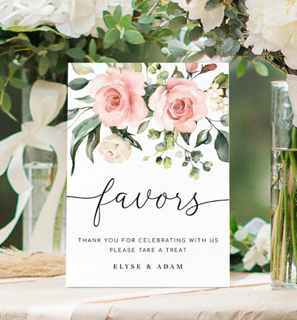 Blush Floral Favors Sign, Printable Wedding Favors Sign Template, Bridal Shower Favors Sign, Girl Baby Shower Favors Sign, Darcy Floral