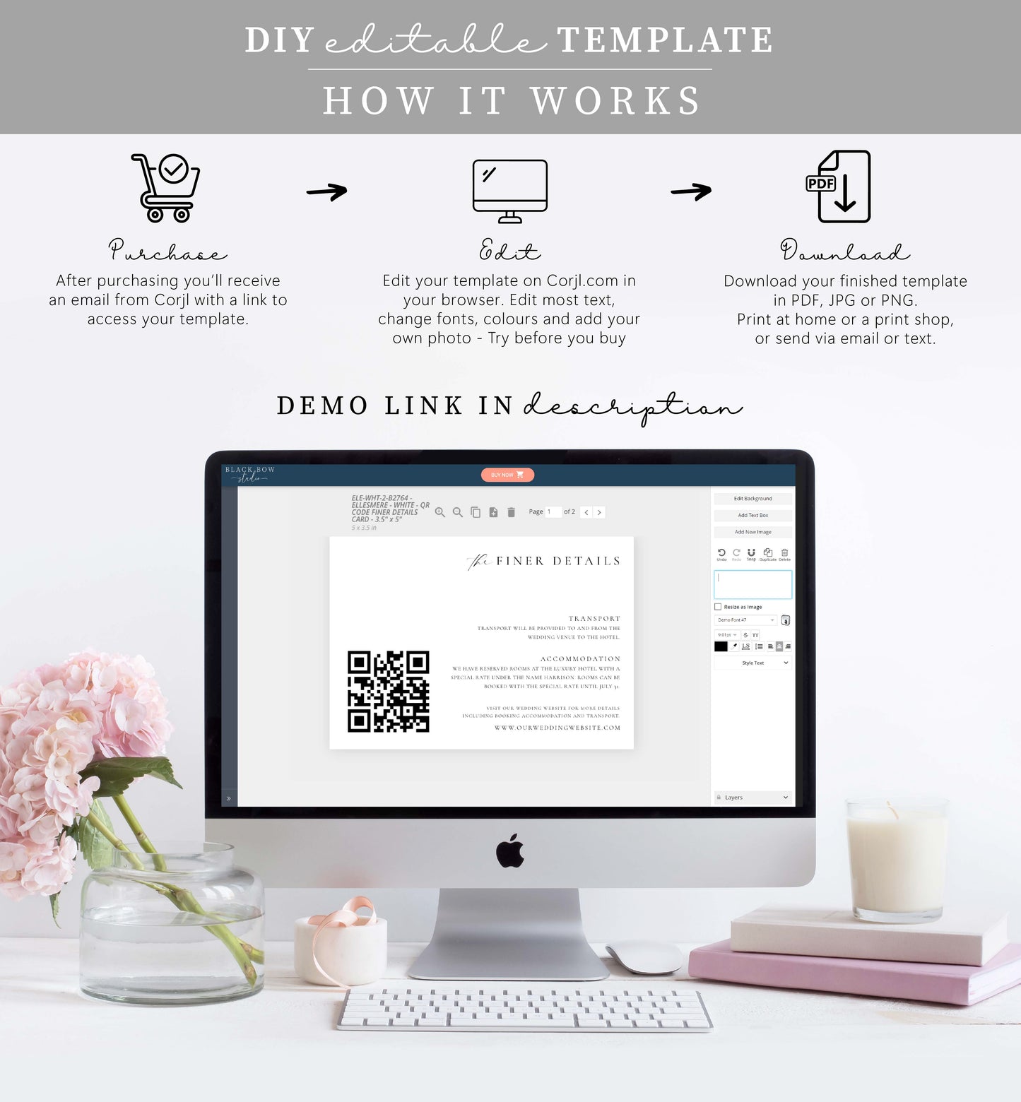 Ellesmere White | Printable QR Wedding Details Card Template