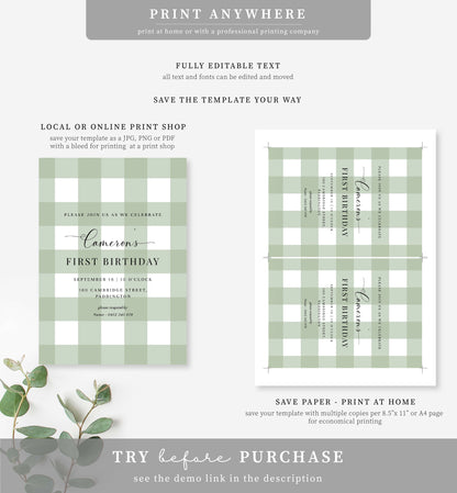 Gingham Sage Green | Printable Birthday Invitation Template