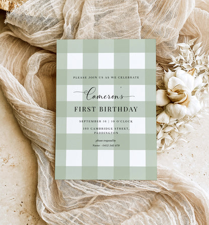 Sage Green Gingham Boy Birthday Invitation, Printable BBQ First Birthday Invite, Editable Male Birthday Invitation, Fall Autumn Birthday