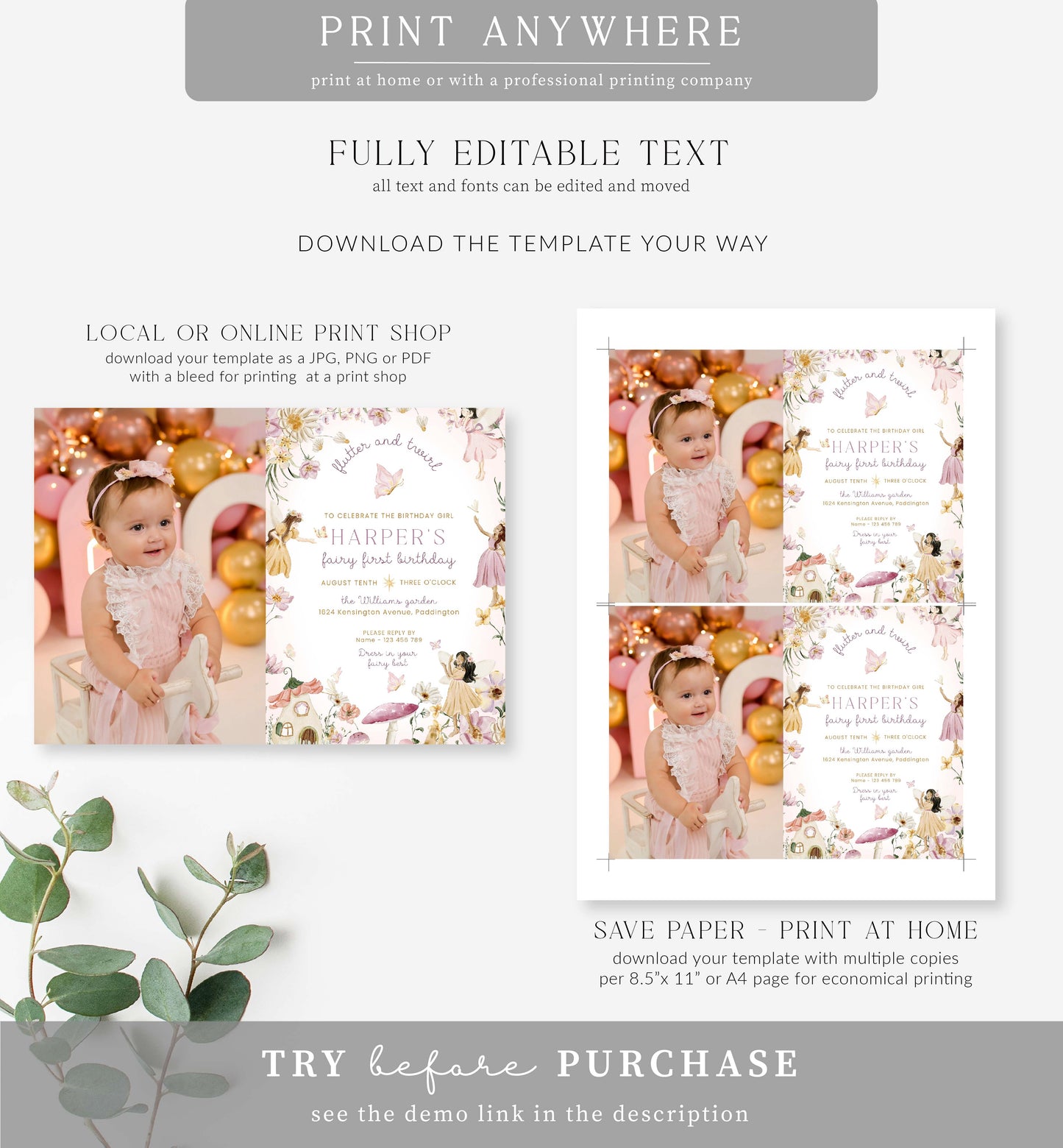 Fairy Multi | Printable First Birthday Photo Invitation Template