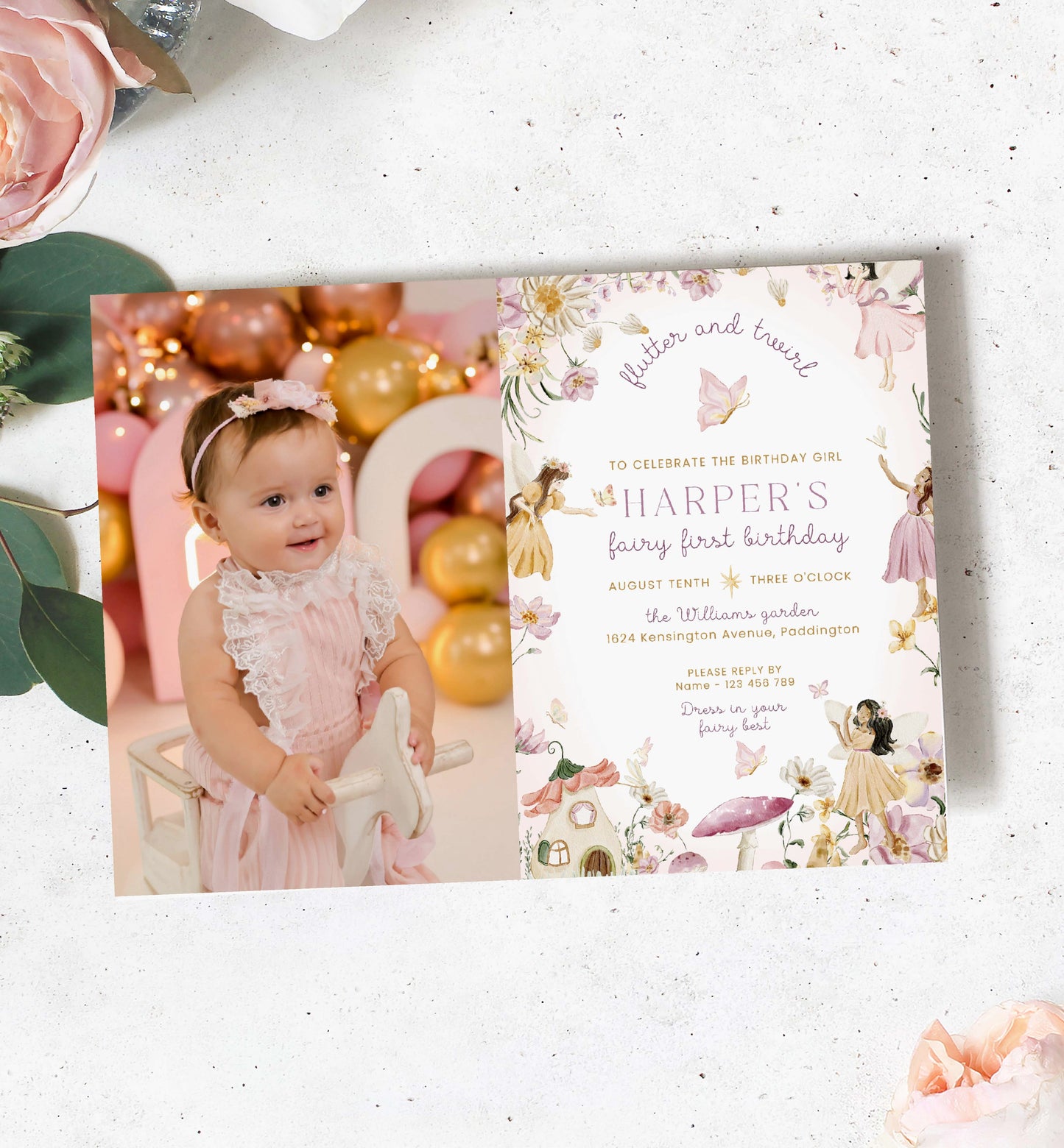 Printable Fairy First Birthday Party Photo Invitation, Pixie Fairy Princess Party Invite, Magical Fairy Garden Party, Whimsical Mushroom Toadstool