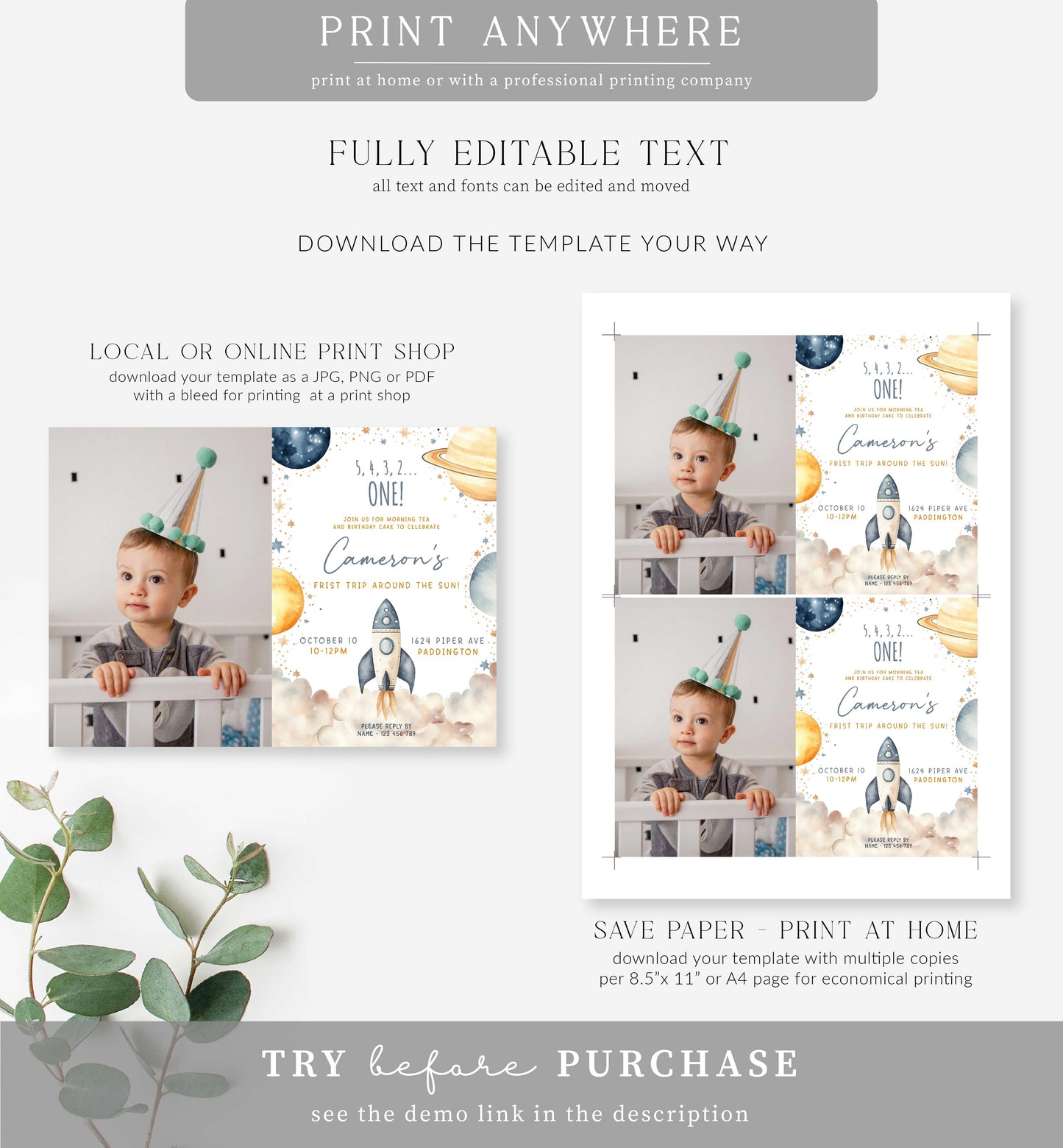 Space White | Printable Birthday Photo Invitation Template