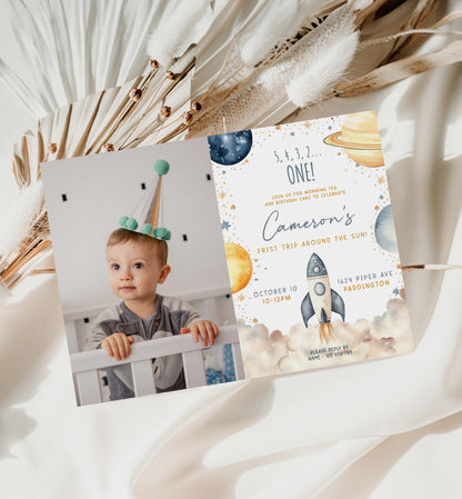 First Trip Around The Sun Birthday Party Photo Invitation, Printable 1st Birthday Party Invite, Boy Space Invitation, First Birthday Blast Off Astronaut Invite