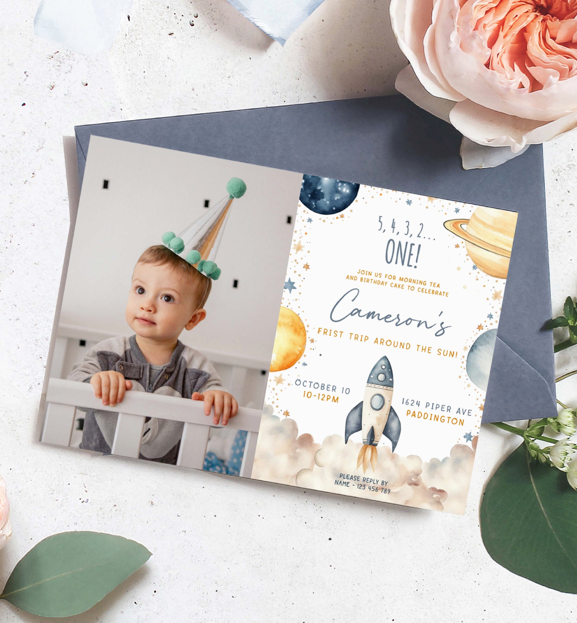 First Trip Around The Sun Birthday Party Photo Invitation, Printable 1st Birthday Party Invite, Boy Space Invitation, First Birthday Blast Off Astronaut Invite