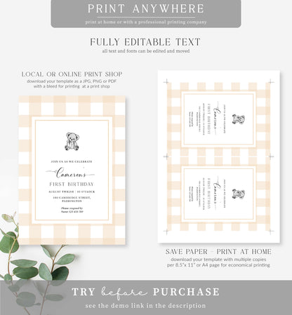 Gingham Tan Teddy Bear | Printable First Birthday Invitation Template