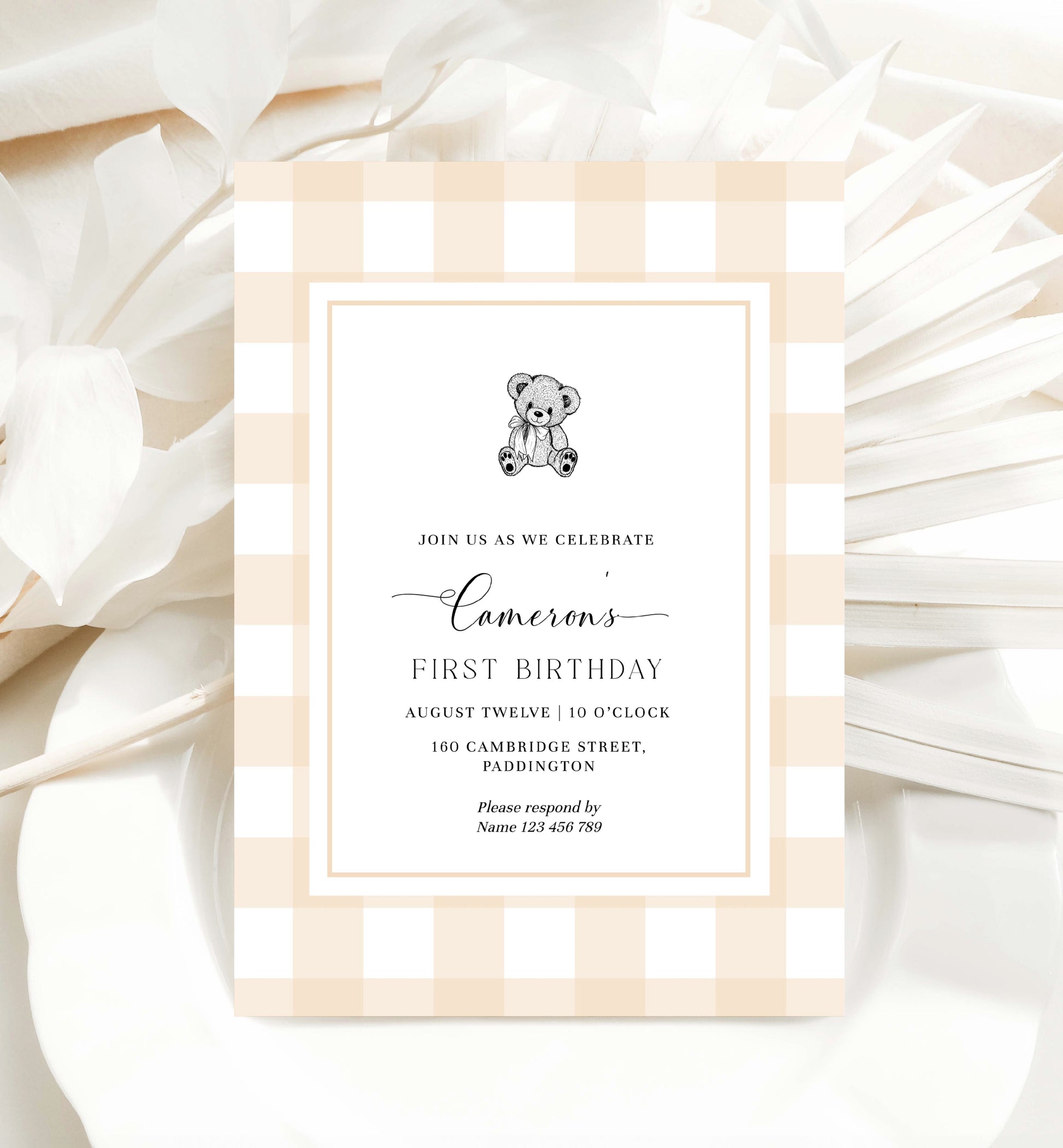 Printable First Birthday Invitation, Teddy Bear Tan Gingham Check, Tan Beige Boy First Birthday Invite, Bearly First Birthday Invitation