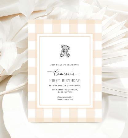 Printable First Birthday Invitation, Teddy Bear Tan Gingham Check, Tan Beige Boy First Birthday Invite, Bearly First Birthday Invitation