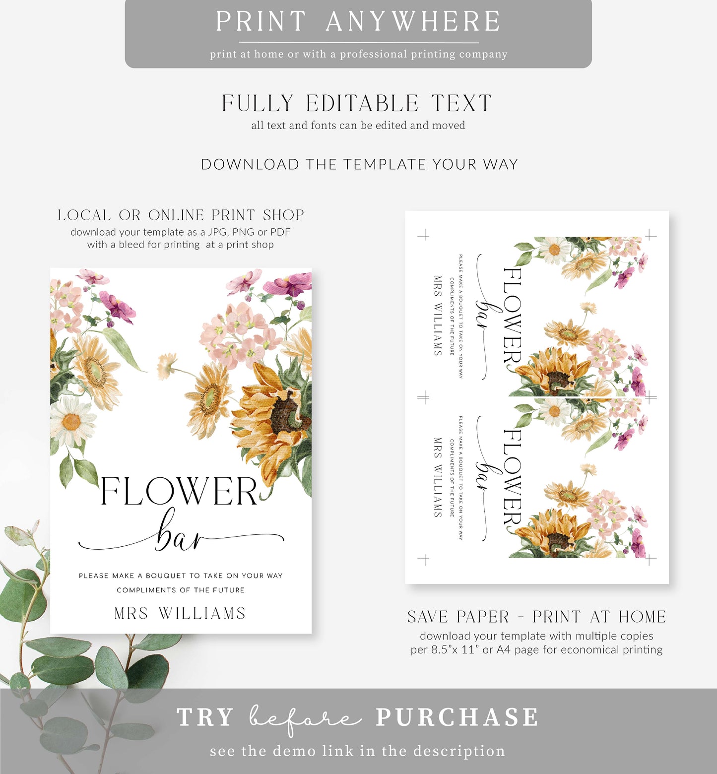 Mews Floral White | Printable Flower Bar Sign