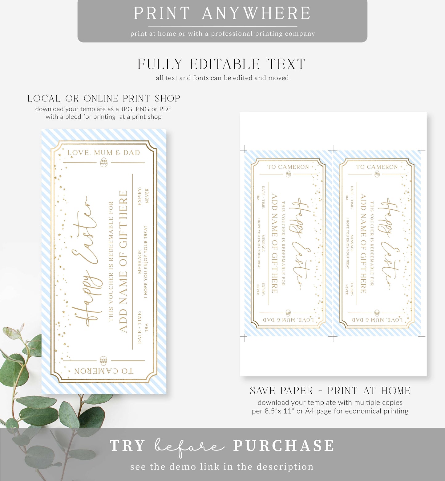 Paintly Blue | Printable Easter Custom Gift Voucher Template