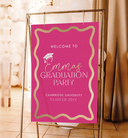 Graduation Welcome Sign Template, Wave Curvy Line, Hot Pink Gold, Printable High School Graduation Welcome Sign, College Graduation