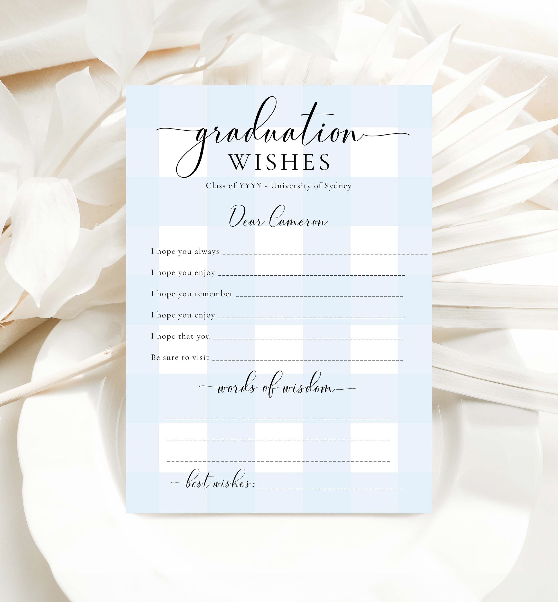 Printable Graduation Wishes, Blue Gingham Graduation Keepsake, Words of Wisdom Advice Card, Graduate Advice and Wishes Card