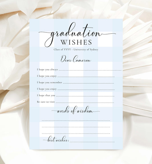 Printable Graduation Wishes, Blue Gingham Graduation Keepsake, Words of Wisdom Advice Card, Graduate Advice and Wishes Card