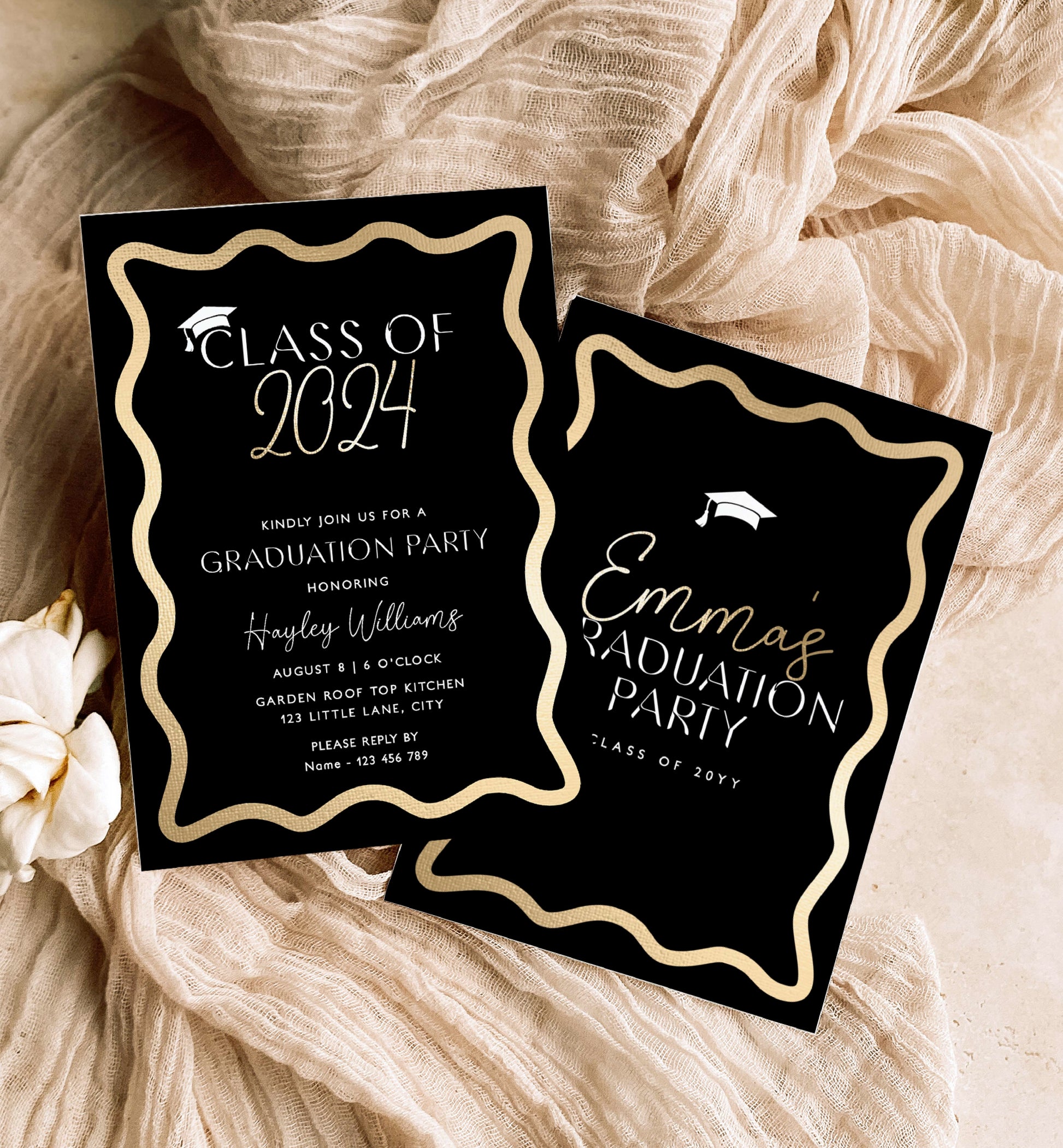 Class Of 2024 Graduation Party Invite, Printable Black Gold College Graduation Invite, High School Grad Invite, University Graduation, Wave