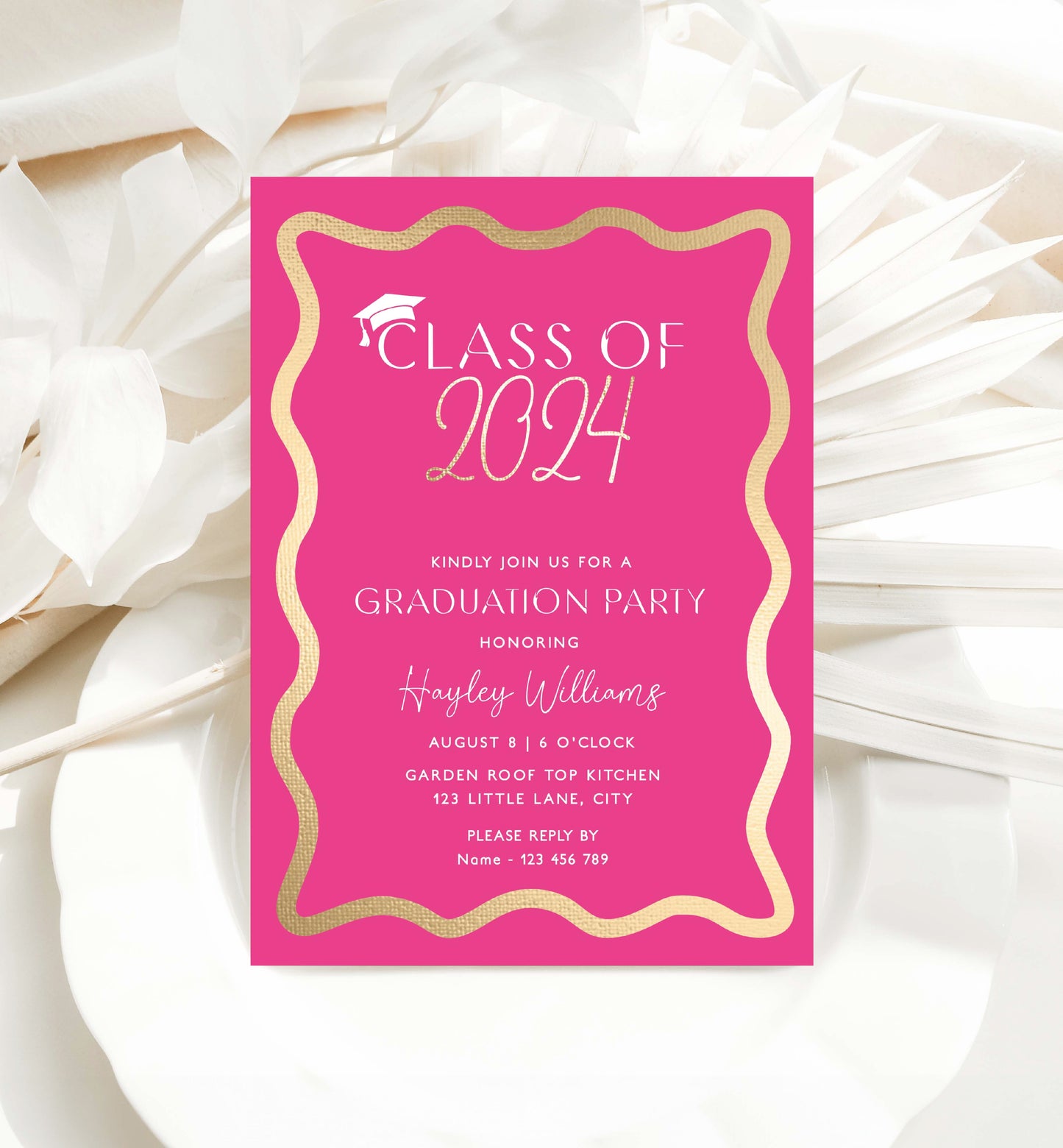 Class Of 2024 Graduation Party Invite, Printable Hot Pink College Graduation Invite, High School Graduation Invite, University Graduation, Wave