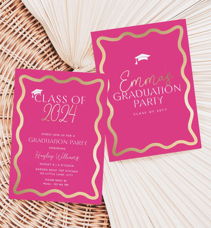 Class Of 2024 Graduation Party Invite, Printable Hot Pink College Graduation Invite, High School Graduation Invite, University Graduation, Wave