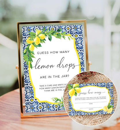 Guess How Many Lemon Drops Game Card and Sign Bundle, Positano Blue Tile Lemons Printable Guess How Many In The Jar Game Sign