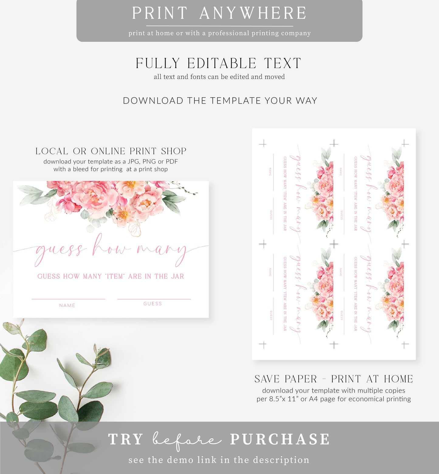 Piper Floral White | Printable Guess How Many Game Sign and Card Template