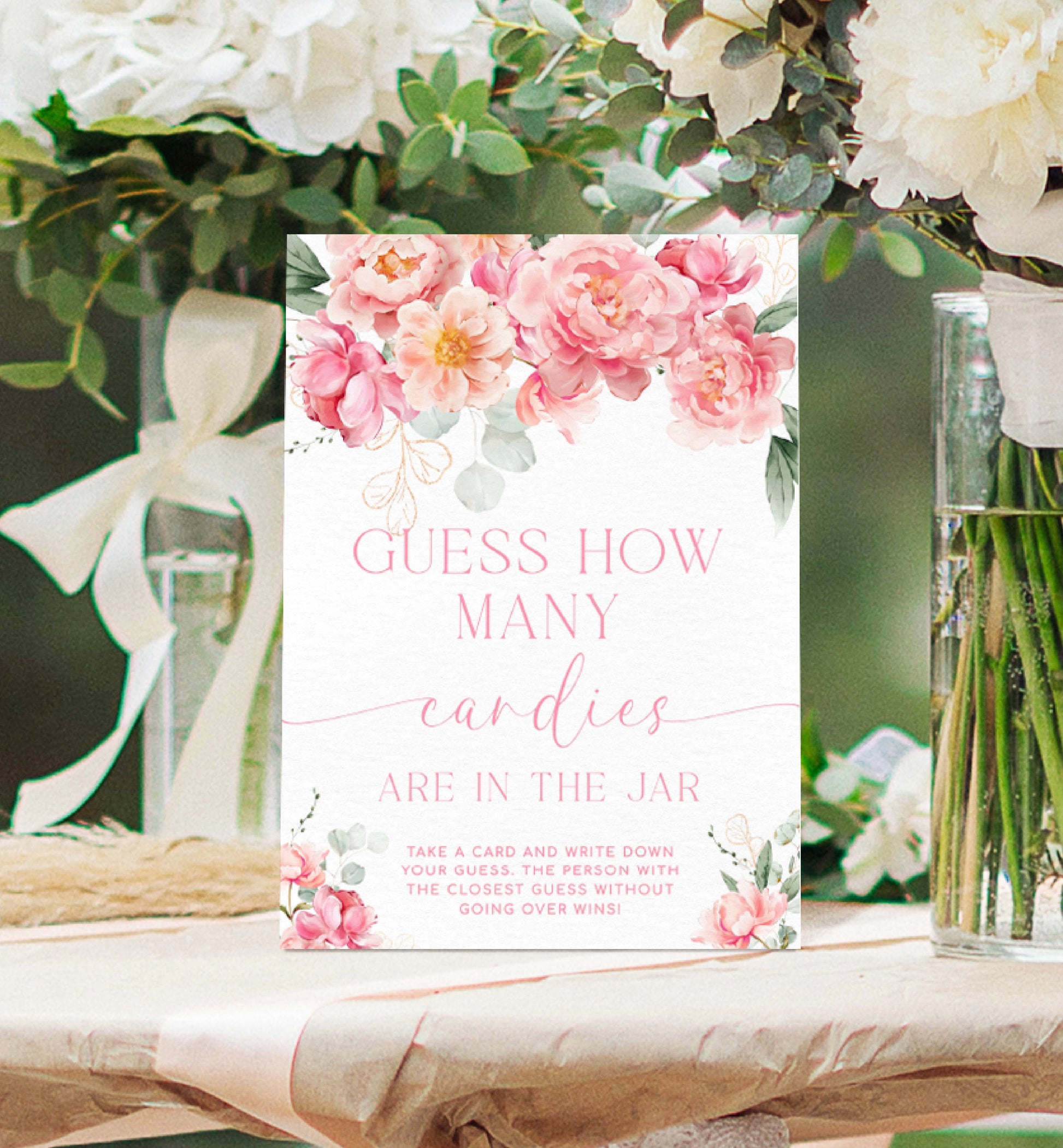 Guess How Many In The Jar Game Sign and Card Template, Blush Peony Floral, Printable Bridal Shower Game, Baby Shower Game Sign, Piper