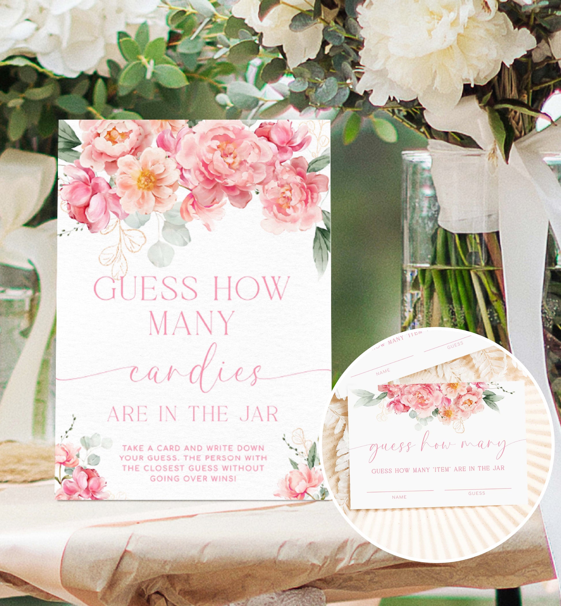 Guess How Many In The Jar Game Sign and Card Template, Blush Peony Floral, Printable Bridal Shower Game, Baby Shower Game Sign, Piper