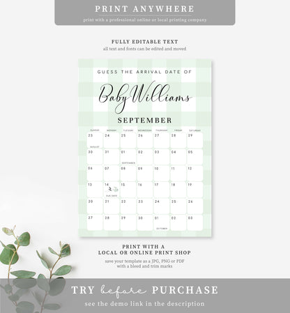 Gingham Green | Printable Arrival Date Baby Shower Game Sign Template