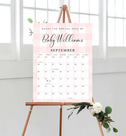 Gingham Pink | Printable Arrival Date Baby Shower Game Sign Template