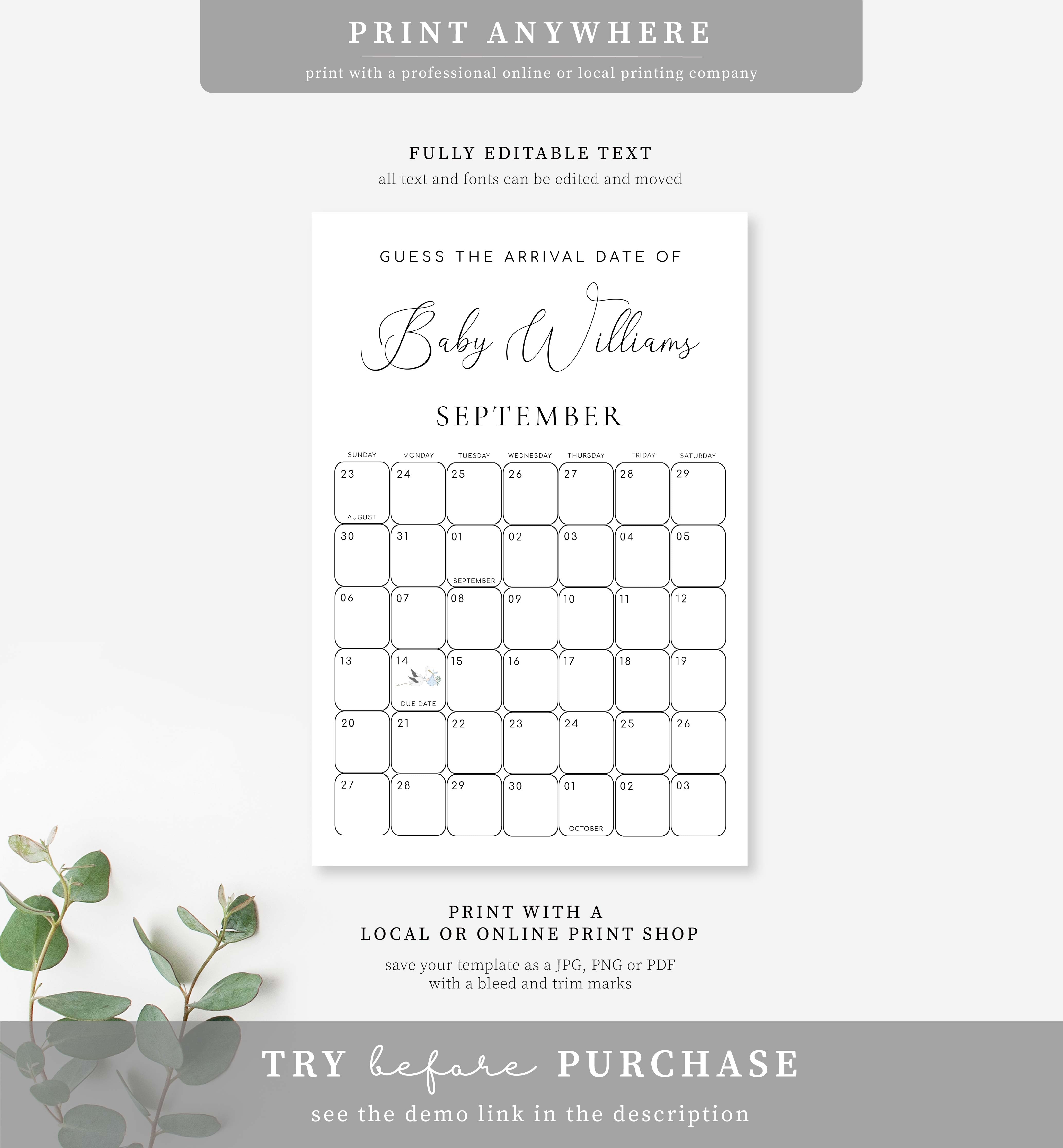 Baby shower calendar clearance template