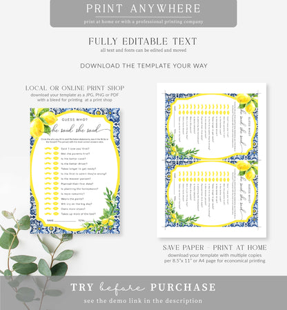 Positano Lemons | Printable He Said She Said Bridal Shower Game Template