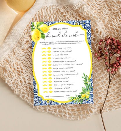 Guess Who? He Said, She Said Bridal Shower Printable Game, Positano Blue Tile, Italian Lemons Hens Party, Lemon Bridal Shower, Who Said It