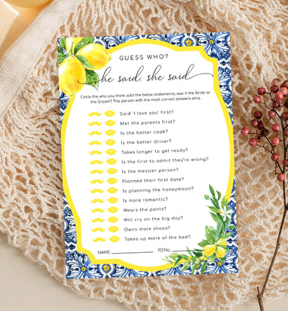 Guess Who? He Said, She Said Bridal Shower Printable Game, Positano Blue Tile, Italian Lemons Hens Party, Lemon Bridal Shower, Who Said It