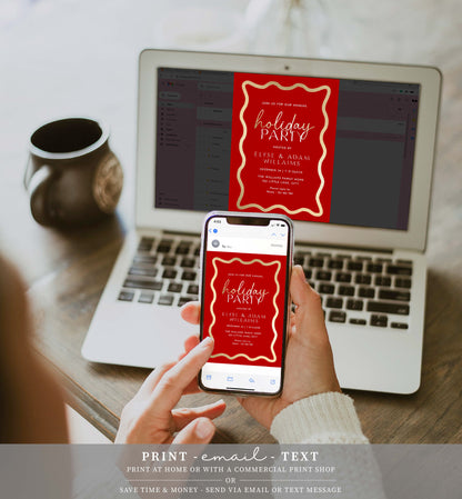 Wave Red Gold | Printable Holiday Party Invitation Template