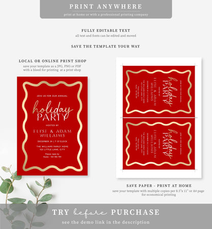 Wave Red Gold | Printable Holiday Party Invitation Template