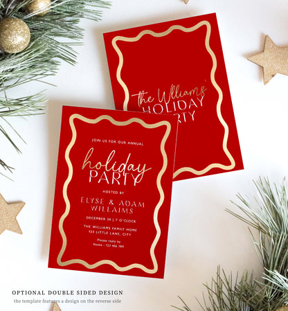 Wave Red Gold | Printable Holiday Party Invitation Template