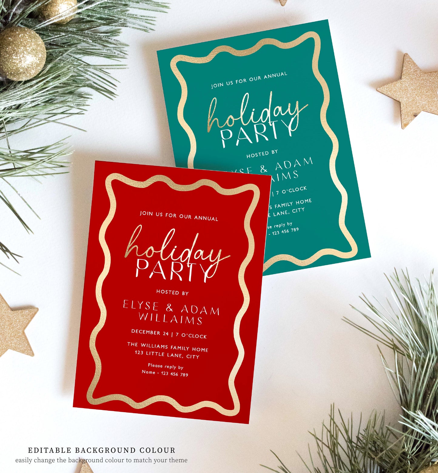 Printable Holiday Party Invitation Template, Modern Wave Curvy Line, Editable Christmas Party Invitation, Xmas Party Evite